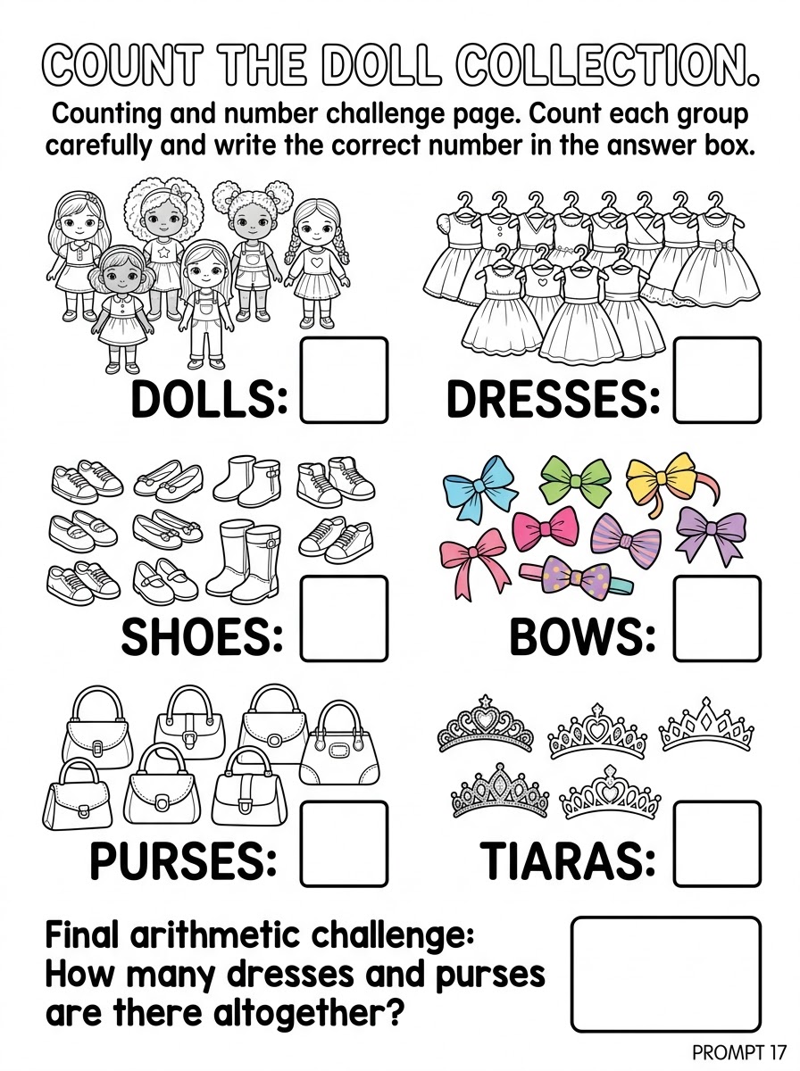 Count the Doll Collection version 2 — black and white counting puzzle page